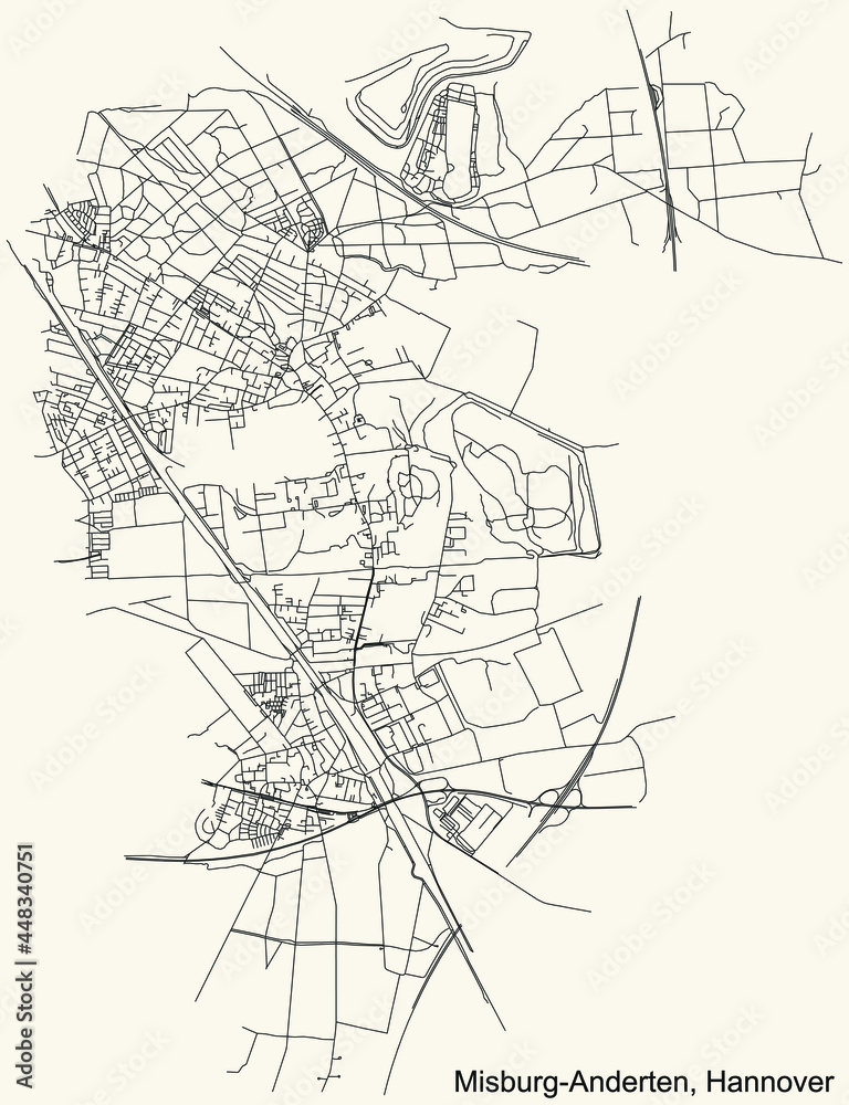 Black simple detailed street roads map on vintage beige background of the quarter Misburg-Anderten district of Hanover, Germany