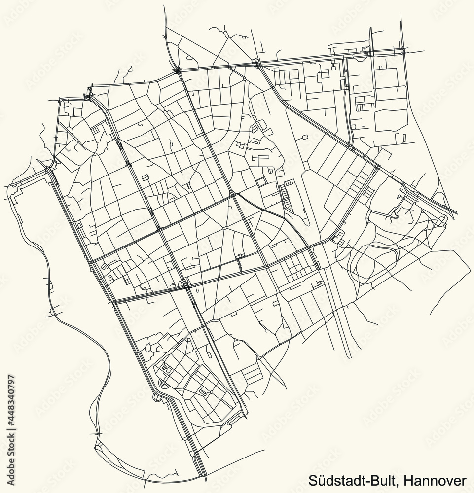 Black simple detailed street roads map on vintage beige background of the quarter Südstadt-Bult district of Hanover, Germany