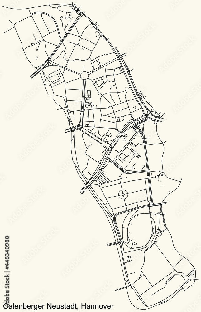 Black simple detailed street roads map on vintage beige background of the quarter Calenberger Neustadt borough district of Hanover, Germany