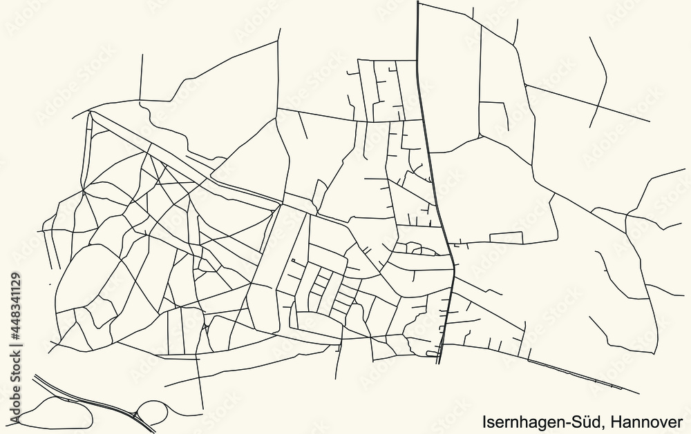 Black simple detailed street roads map on vintage beige background of the quarter Isernhagen-Süd borough district of Hanover, Germany