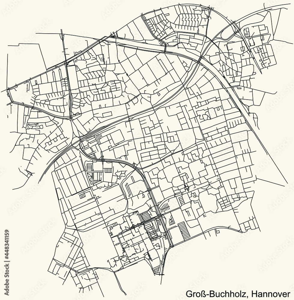 Black simple detailed street roads map on vintage beige background of the quarter Groß-Buchholz borough district of Hanover, Germany