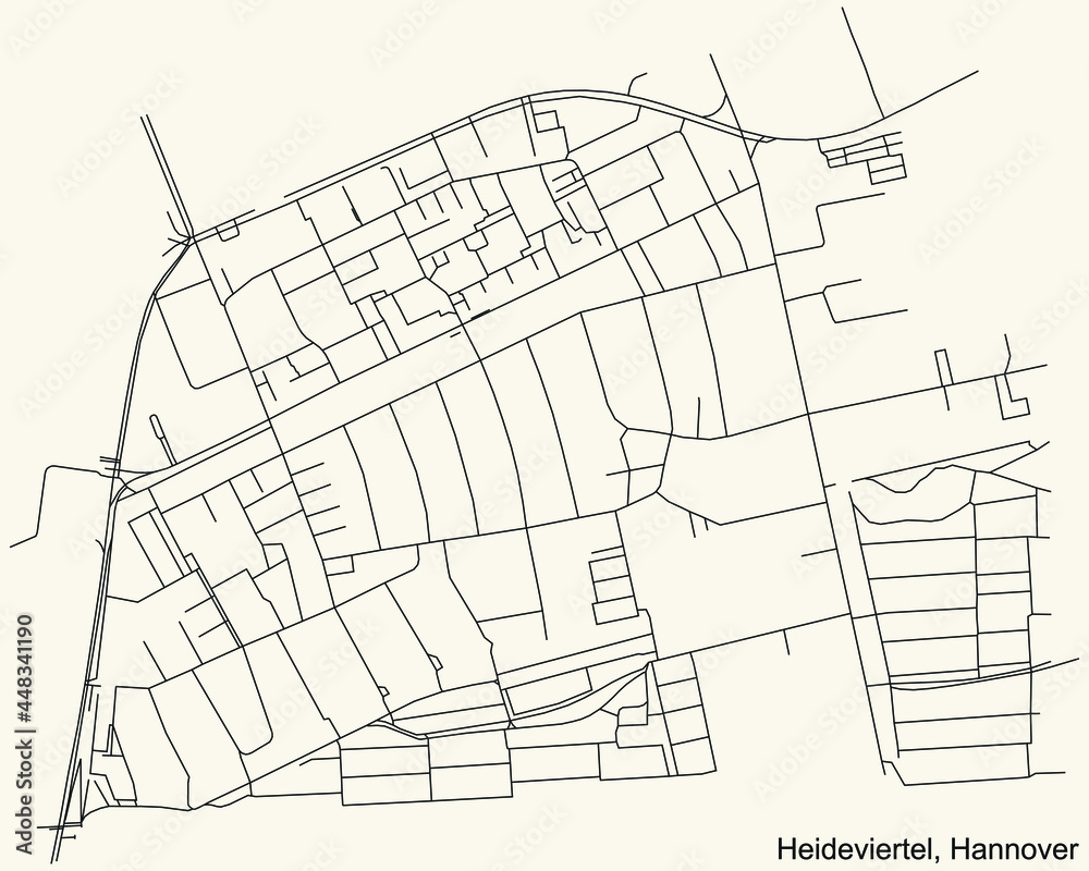 Black simple detailed street roads map on vintage beige background of the quarter Heideviertel borough district of Hanover, Germany