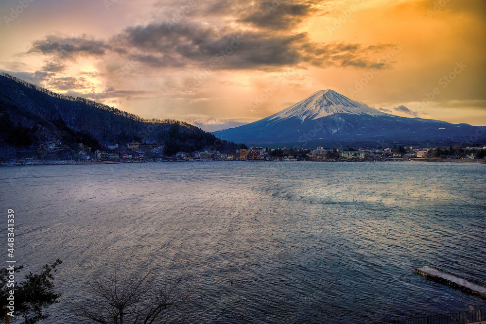 Lake Kawaguchiko, with a backdrop of Mount Fuji, in Yamanashi Prefecture, Japan, just after sunrise in winter