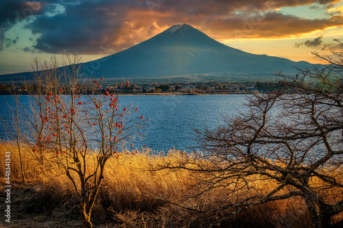 Late afternoon in winter with late afternoon sunlight  with a backdrop of Mount Fuji  in Yamanashi Prefecture  Japan