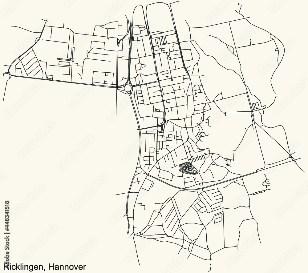 Fototapeta premium Black simple detailed street roads map on vintage beige background of the quarter Ricklingen borough district of Hanover, Germany