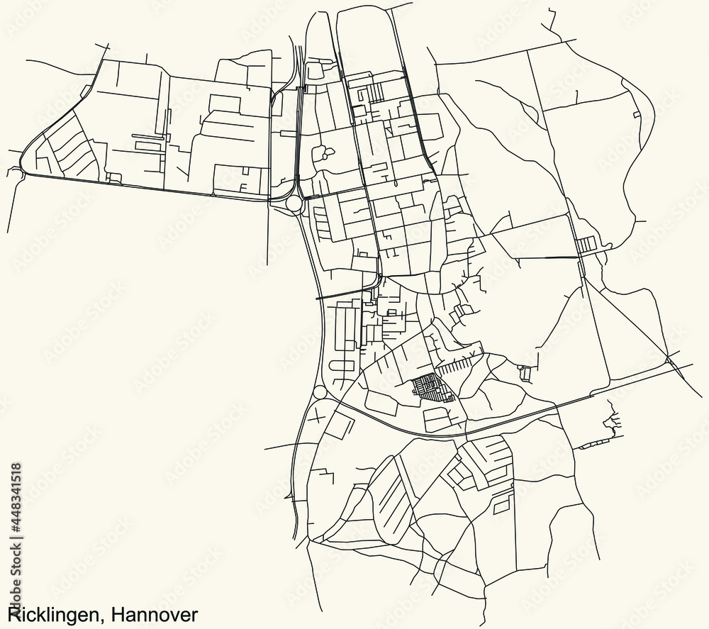 Black simple detailed street roads map on vintage beige background of the quarter Ricklingen borough district of Hanover, Germany