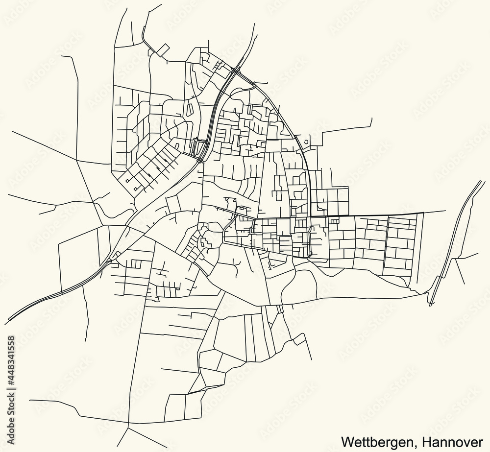 Black simple detailed street roads map on vintage beige background of the quarter Wettbergen borough district of Hanover, Germany