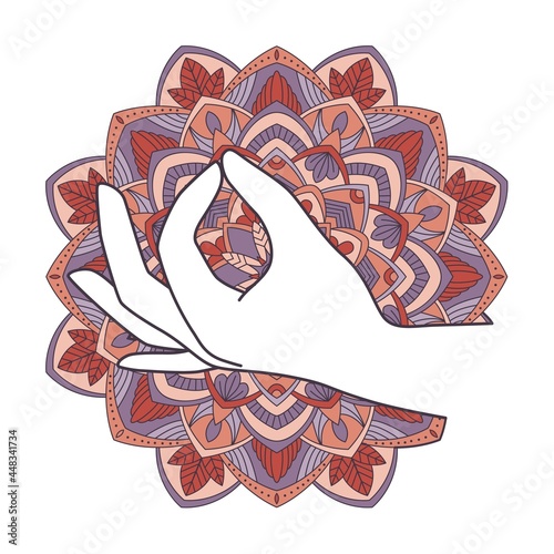 Gyan mudra on the background of the mandala. Vector illustration