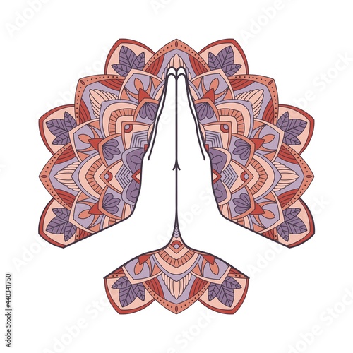 Mudra Namaste on the background of the mandala. Religious oriental greeting. Vector illustration