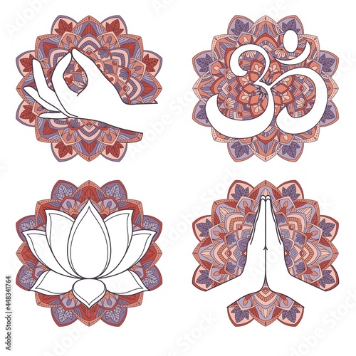 Collection of buddhism symbols on ornate background - namaste, lotus flower, aum, gyan mudra. Vector illustration