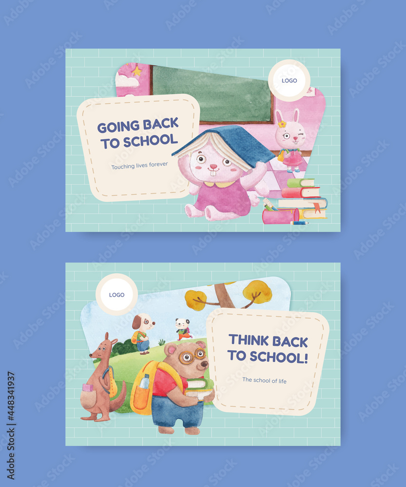 Facebook template with back to school and cute animals concept,watercolor style