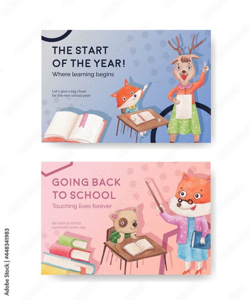 Obraz premium Facebook template with back to school and cute animals concept,watercolor style