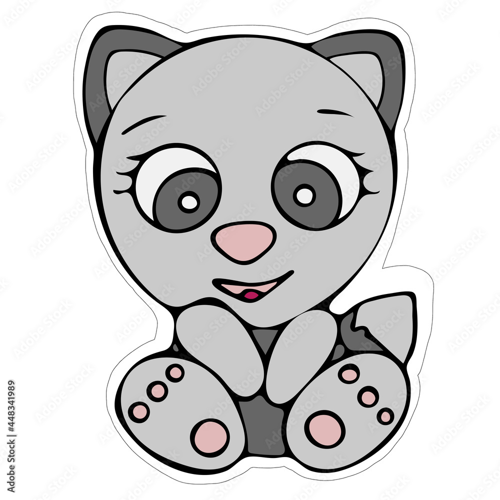 Hand-drawn Cute Cat Sticker. Isolated Cat on White Background.