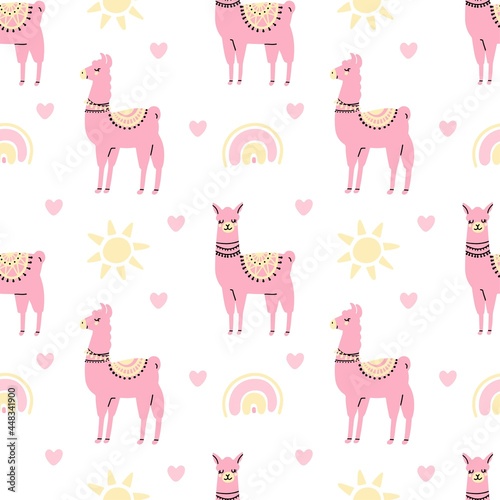Сute pink lamas seamless pattern with sun, heart, rainbow isolated on white background. Vector flat illustration. Design for childish textile, fabric, wallpaper, wrapping
