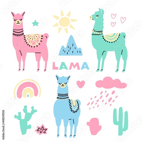 Set of cute colorful lamas with cactus, sun, rainbow, cloud, heart, star isolated on white background. Vector flat illustration. Design for greeting card, stickers, print