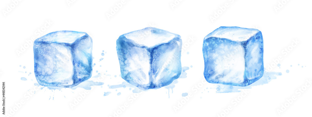 Watercolor isolated illustration of ice cubes Watercolor isolated illustration of ice cubes