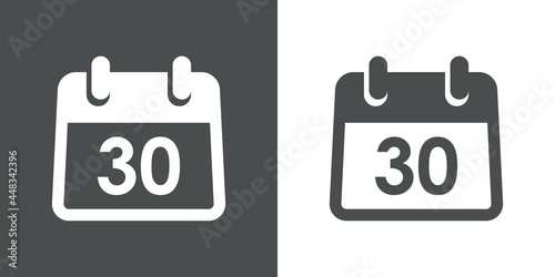 Icono plano con número 30 en calendario sencillo en fondo gris y fondo blanco