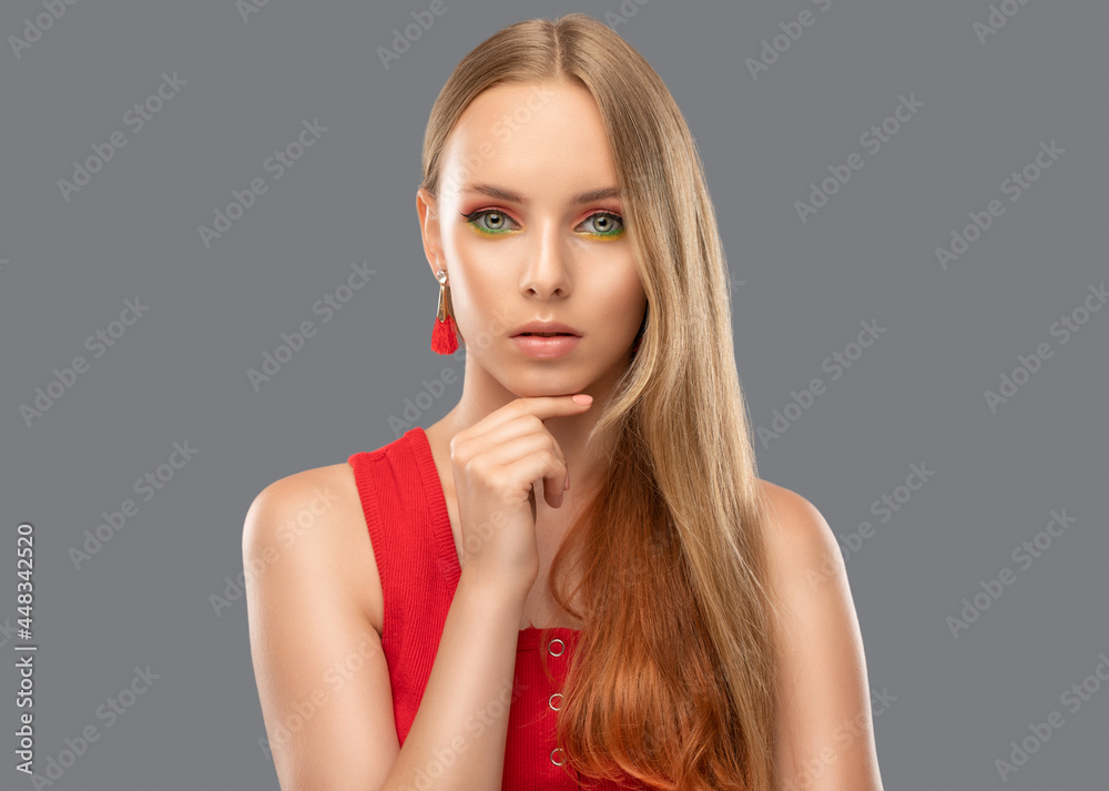Portrait of attractive girl with healthy clean skin and beautiful make-up. Aesthetic cosmetology and makeup concept. Portrait of attractive girl with healthy clean skin and beautiful make-up. Aesthetic cosmetology and makeup concept.