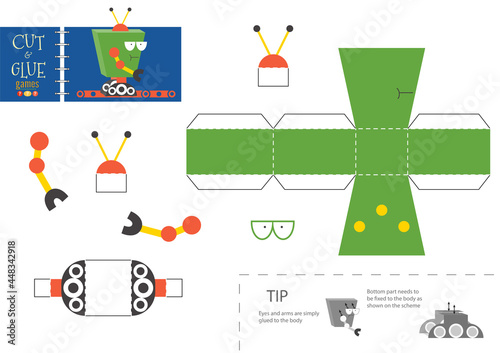 Cut and glue robot toy vector illustration, worksheet.