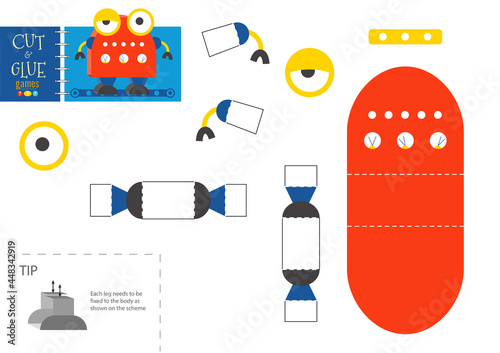 Cut and glue robot toy vector illustration, worksheet.