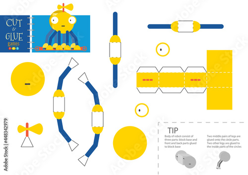 Cut and glue robot toy vector illustration, worksheet.