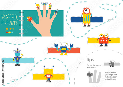 Finger puppet vector robots. Cut and glue educational worksheet for preschool or school kids