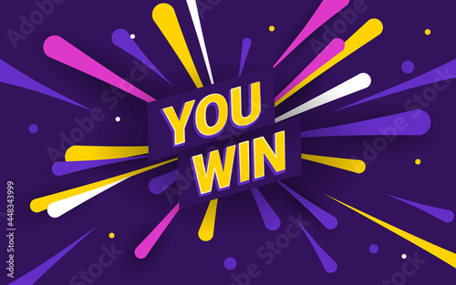 Win celebration illustration. Rich violet background with text you win and fireworks and stars on the background. Template for website, mailing or print.