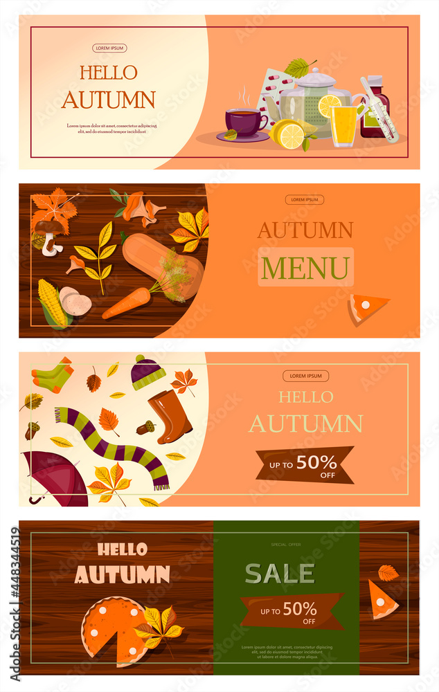 Bright vector autumn sales banner. Advertising, shopping discount promotion. Flat design illustration.Template backgrounds with pupmkin pie, hot spiced tea and colorful seasonal fall leaves