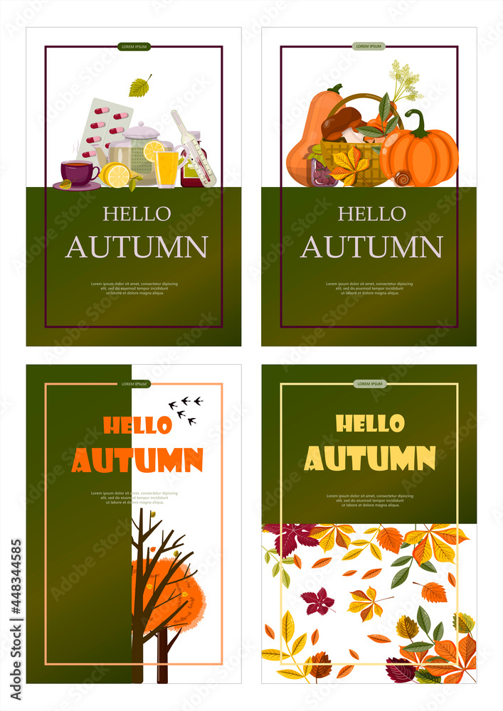 Bright vector autumn sales banner. Advertising, shopping discount promotion. Flat design illustration.Template backgrounds with pupmkin pie, hot spiced tea and colorful seasonal fall leaves