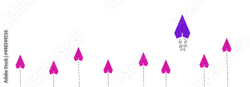 Paper origami plane flies up faster than others. Loud color vector illustration with hand-drawn lines