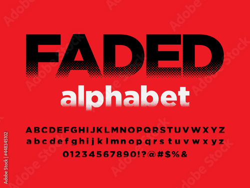 halftone dotted style alphabet design with uppercase, lowercase, numbers and symbols