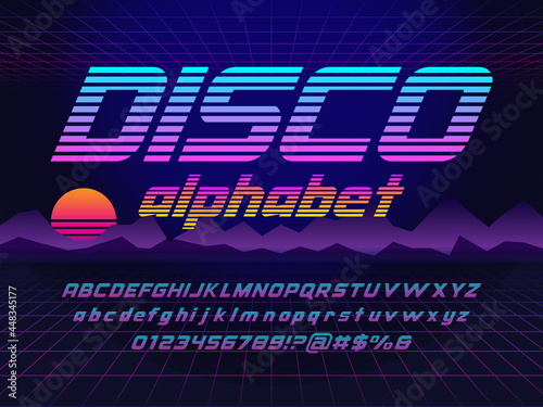 Retro futurism sci-fi alphabet design with uppercase, lowercase, numbers and symbols