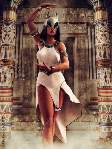Ancient Egyptian priestess with the Bast mask dancing in a colorful, ornamented temple. 3D render - the woman in the image is a 3D object.