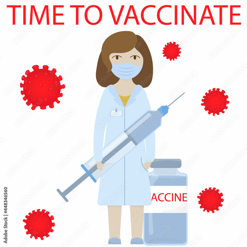 syringe and ampoule with coronavirus vaccine, call for vaccination, doctor in coat and mask, vector illustration in flat style syringe and ampoule with coronavirus vaccine, call for vaccination, doctor in coat and mask, vector illustration in flat style
