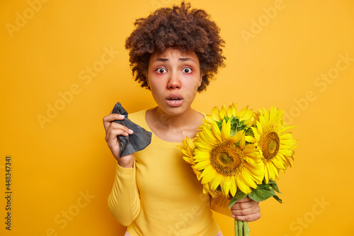 Displeased young Afro American woman with curly hair red swollen eyes holds napkin sneezes because of allergy to sunflowers being sick poses indoor against vivid yellow background. Sickness.
