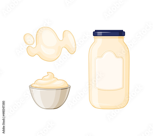 Mayonnaise sauce bottle, stain, sauce pot set on a white isolated background. A set of icons for food packaging, layout. A glass bottle of mayonnaise in the cartoon style. Vector illustration