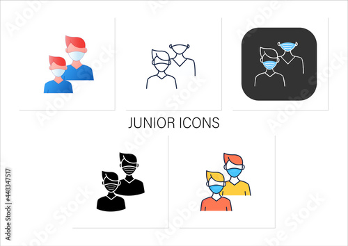 Junior icons set. Younger student. Freshman,first-year student. Protection from other people.Professional development.Collection of icons in linear, filled, color styles.Isolated vector illustrations 