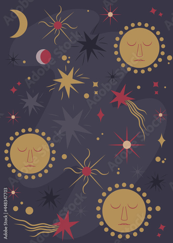 Magic background. Alchemy. Astrology. A falling comet. Abstract background for alchemy. Vector illustration for books, maps, games. Time of the witches. Phases of the moon.