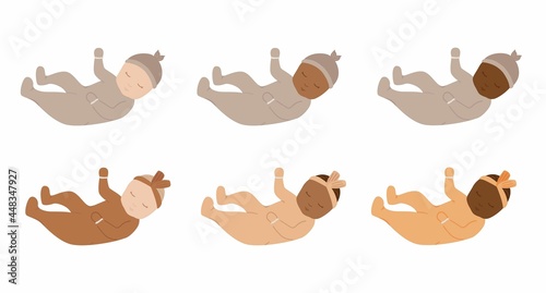 Cute Babies of different races. New baby in romper lying on back. Baby boy or girl of 1-6 months. Multinational children.