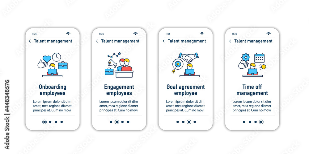 Talent management onboarding mobile app screens.Recruitment. Talent development.Business Practice steps menu. Set of UI, UX, web template with RGB color linear icons Talent management onboarding mobile app screens.Recruitment. Talent development.Business Practice steps menu. Set of UI, UX, web template with RGB color linear icons