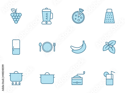 kitchen line vector icons in two colors isolated on white background. kitchen blue outline icon set for web design, ui, mobile apps and print