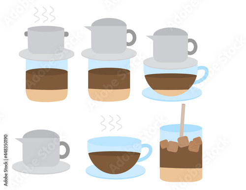Set of vietnamese coffee cups and mugs.Vietnam drip coffee.Iced milk tea.Drinks for restaurants, cafes and bakeries.Sign, symbol, icon or logo.Flat design.Cartoon vector illustration.