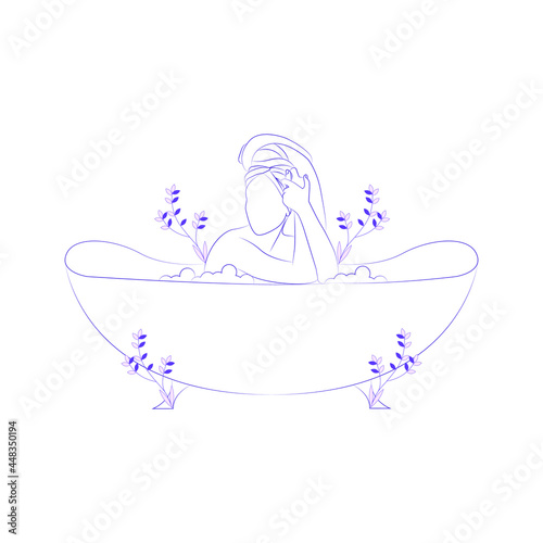 Woman relaxing and bathing in bathtub Hand drawn line art vector stock illustration of girl in bathtub