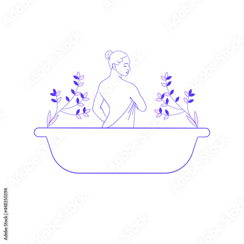 Woman relaxing and bathing in bathtub Hand drawn line art vector stock illustration of girl in bathtub