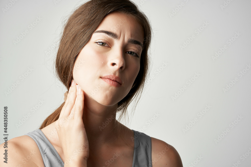 woman in t shirt neck pain health problems discomfort woman in t shirt neck pain health problems discomfort