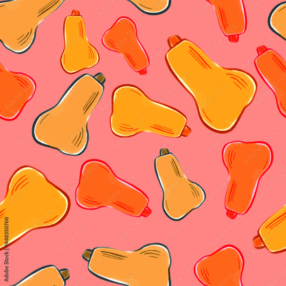Pumpkin seamless pattern isolated on pink. Vector illustration for textile, fabric, card, wrapping, scrapbooking