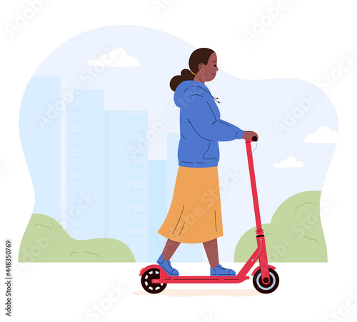 Active young woman riding electric walk scooter. Female character driving eco urban transport in the city. Active lifestyle concept. Colored flat vector illustration isolated on white background.