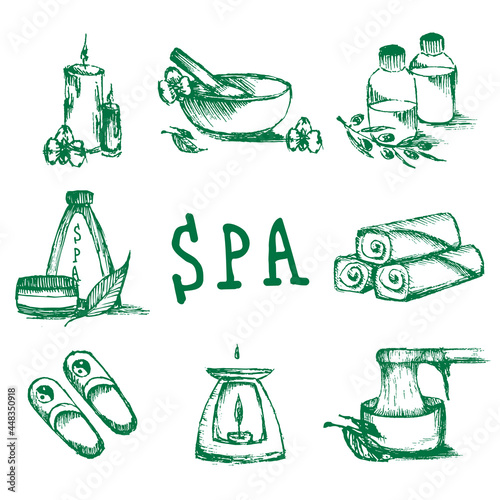 Illustrations set for spa salon. Candles, oils, depilation. Beauty therapy and spa relaxation for wellness vector. Hand drawn set of spa attributes. Template for design of Spa