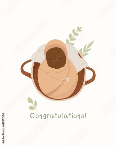Swaddled African baby lies in a basket with twigs. Сute boho baby cards in Scandinavian style. Cartoon doodle kids clipart for baby shower invitation card, poster. Editable vector illustration.