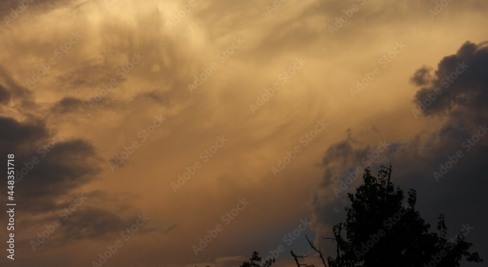 Dramatic view of orange dusk clouds with tree in silhouette in East Delhi in India